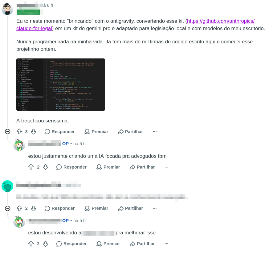 Print do Reddit com advogado dizendo que nunca programou na vida e ja tem mais de mil linhas de codigo escritas em um dia