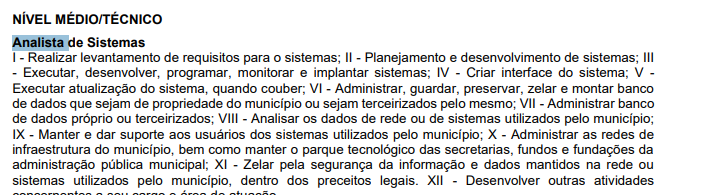 Atribuições legais do cargo de Analista de Sistemas no edital do concurso