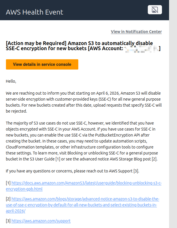 Email de aviso da AWS sobre SSE-C