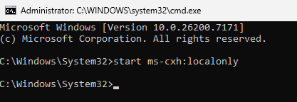 Comando start ms-cxh localonly no cmd