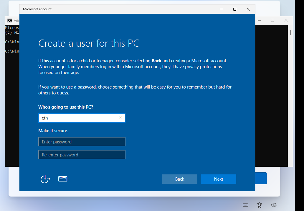 Tela de criação de conta local Windows 11