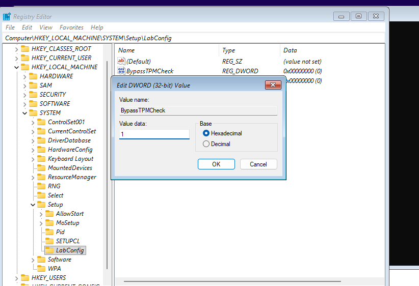 Editando valor BypassTPMCheck para 1