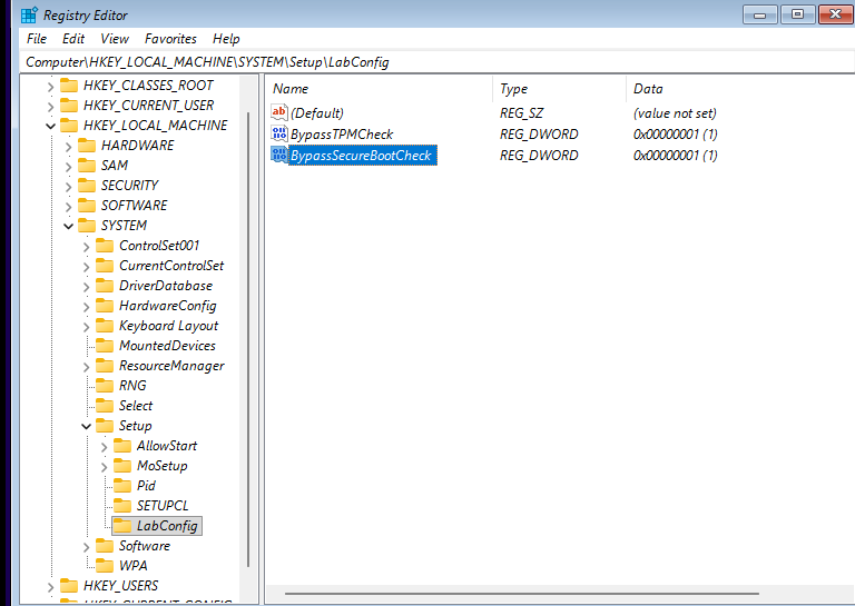 Chaves de bypass configuradas no regedit