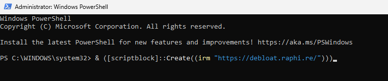 Comando script debloat Raphire no PowerShell