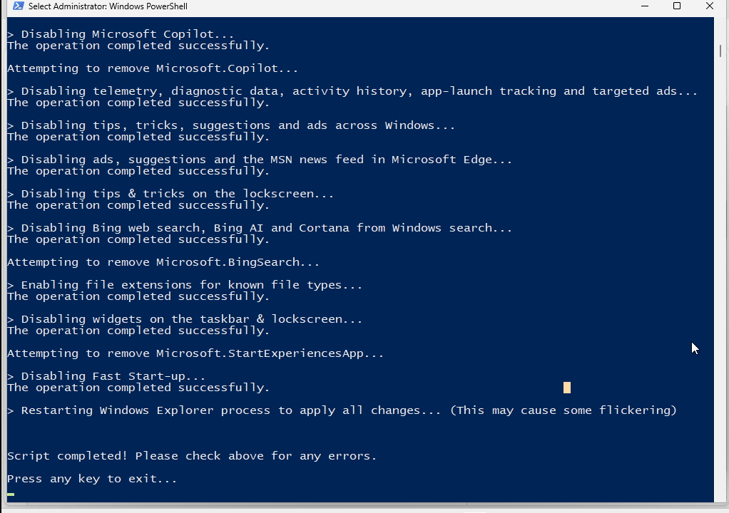 Windows Explorer reiniciado e limpo