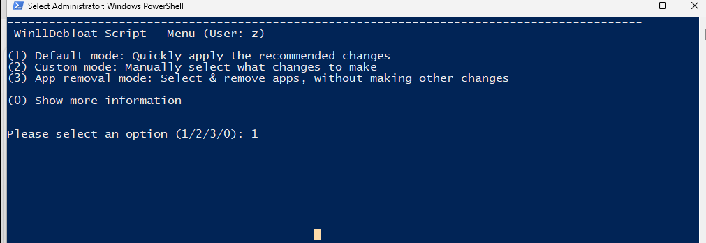 Menu de opções do script Windows Debloat