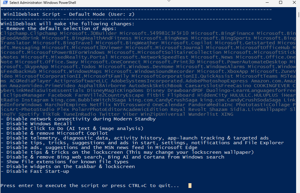 Script desativando telemetria e widgets