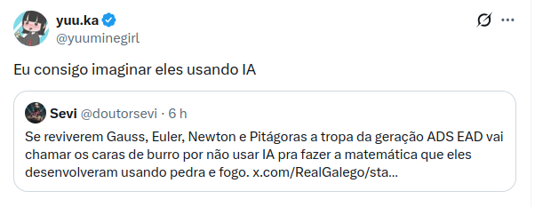 Tweet de @yuuminegirl: Eu consigo imaginar eles usando IA