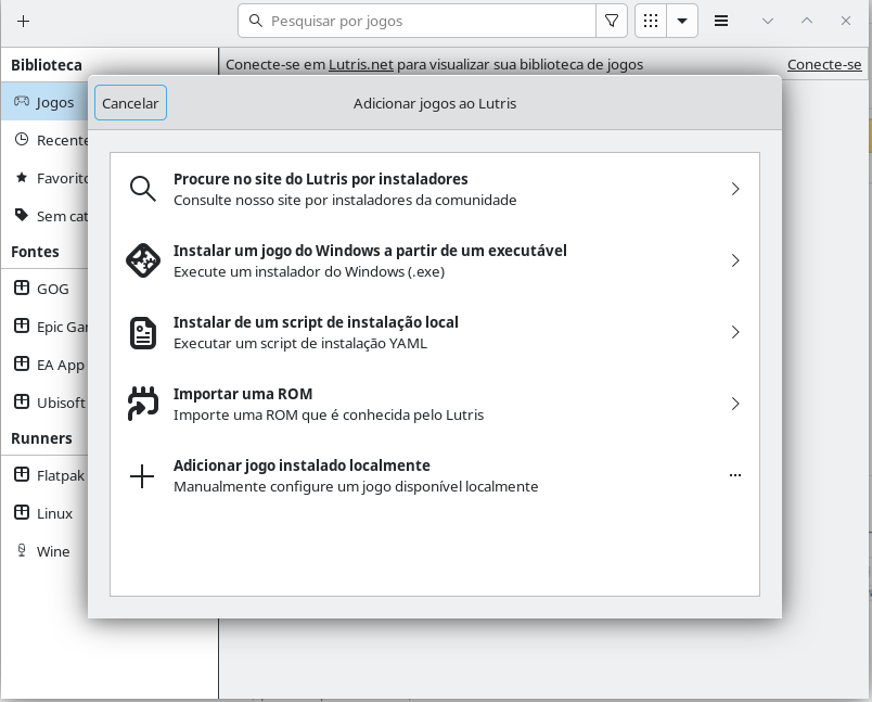 Botão adicionar jogo localmente no Lutris