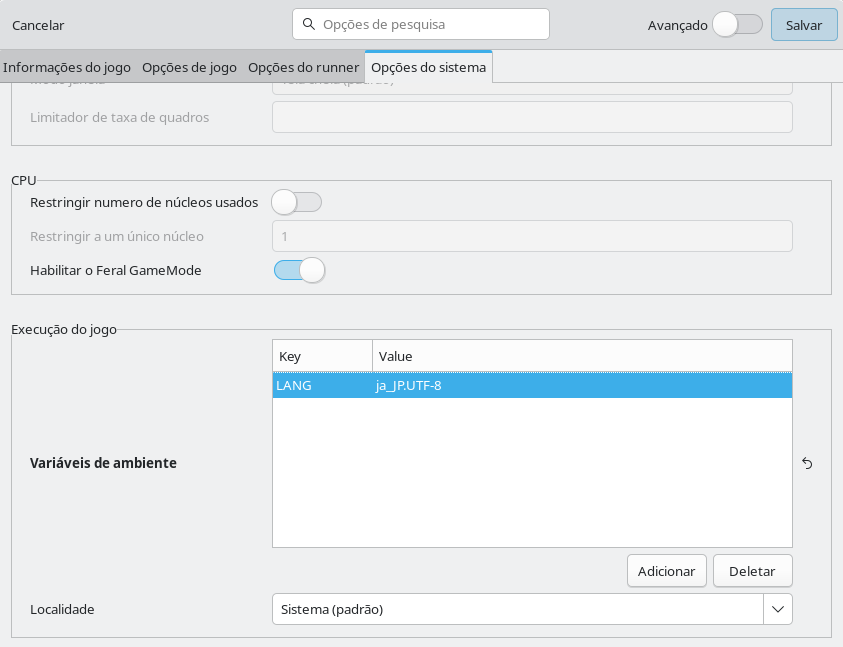 Configurando variável LANG ja_JP no Lutris