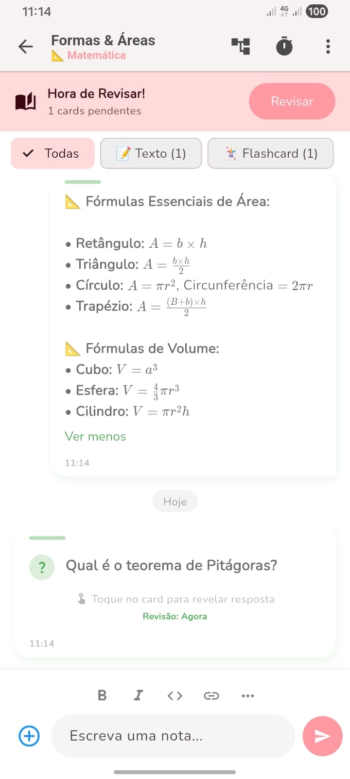 Thread de notas do Mayinab com fórmulas LaTeX e flashcard pendente de revisão