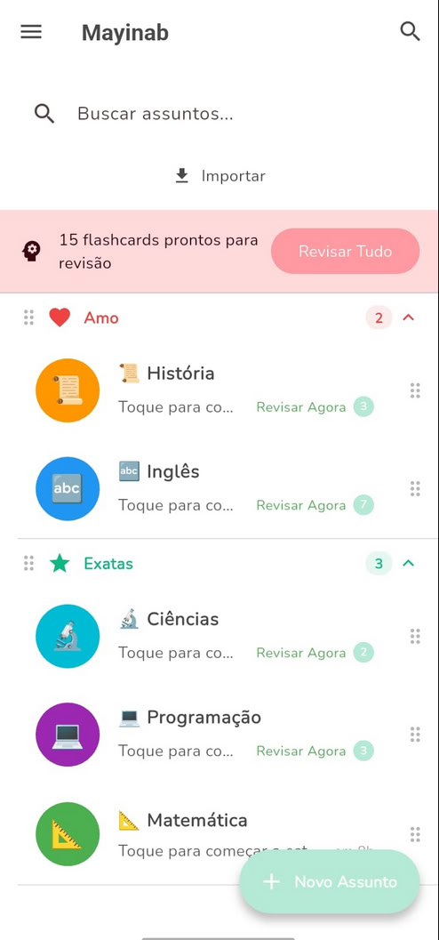 Tela home do Mayinab com lista de matérias organizadas em pastas