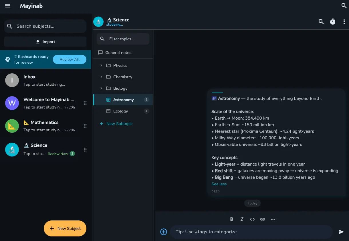 Mayinab versão desktop: split view com sidebar de matérias, árvore de tópicos e chat de notas