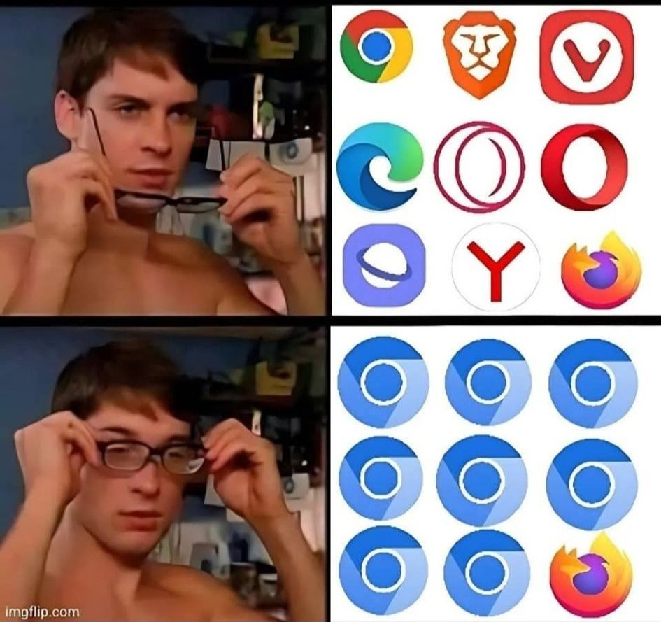 meme mostrando varios navegadores diferentes e depois todos virando icone do chromium, exceto o firefox