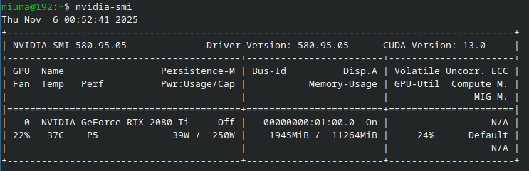 Saída do comando nvidia-smi no terminal