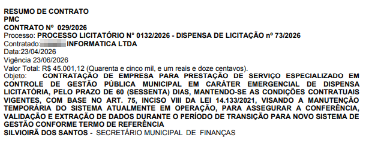 Resumo do contrato emergencial publicado no Portal da Transparência
