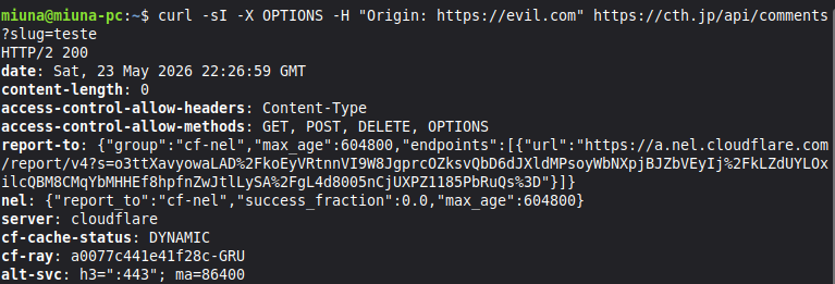 Terminal mostrando resposta sem header Access-Control-Allow-Origin para origem invalida